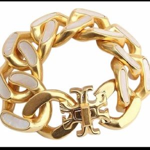 Tory Burch  chunky gold with mother of pearl inlay & Roxanne closure bracelet 7”